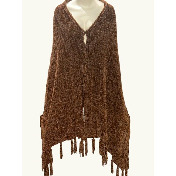 CCC Handmade Brown Knitted Shawl Wrap Fringe Edges One Size Casual Winter Nights - Picture 1 of 6